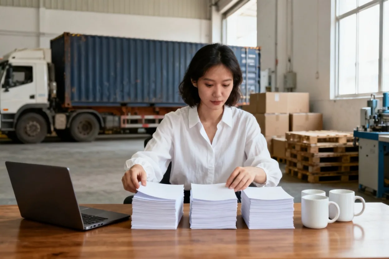 DDP China México: Mujer ordena papeles en tres pilas sobre un escritorio junto a tazas de muestra