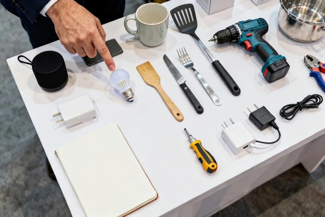 Muestras de electrónica, herramientas y artículos para el hogar sobre una mesa de stand