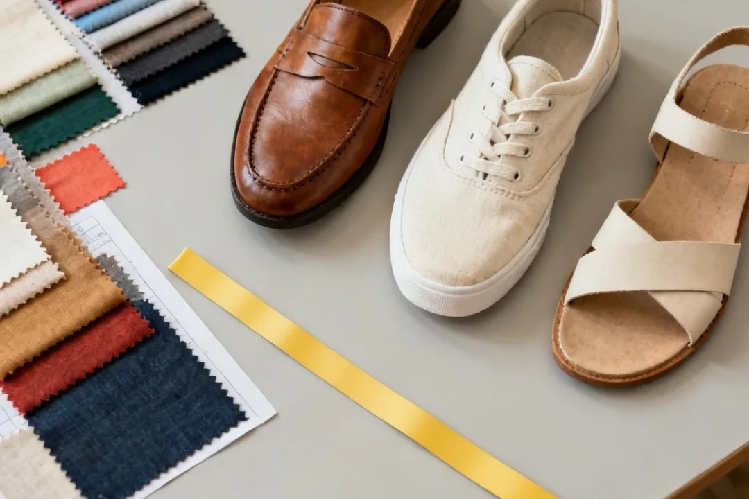 Muestras de telas y tres pares de calzado sobre una mesa de inspección