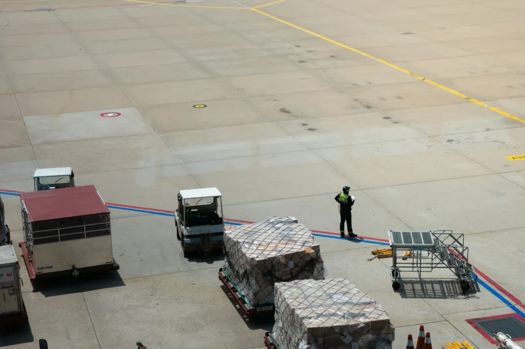 MAWB y HAWB: carga consolidada en pallets en la pista del aeropuerto