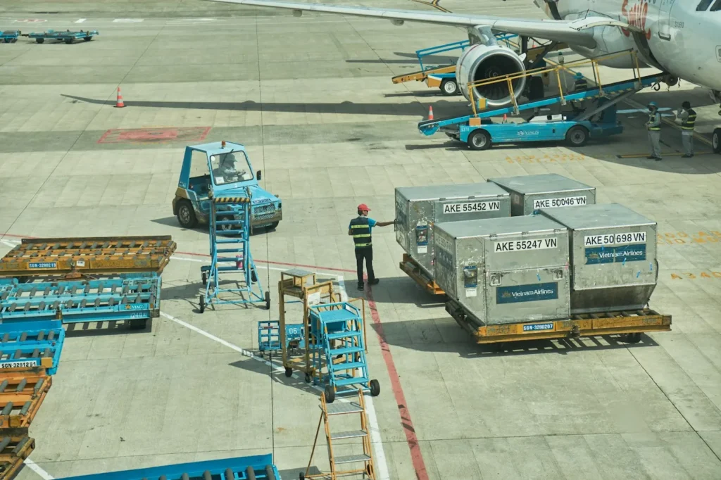 ULD: contenedores aéreos AKE en la plataforma del aeropuerto