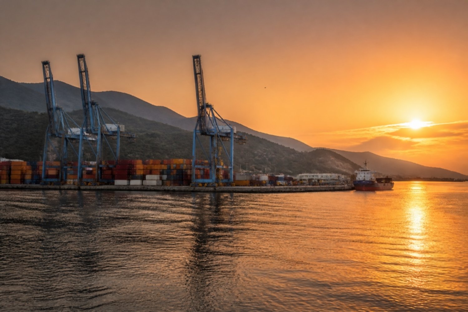 Logística global octubre: terminal de contenedores en el Pacífico mexicano al atardecer
